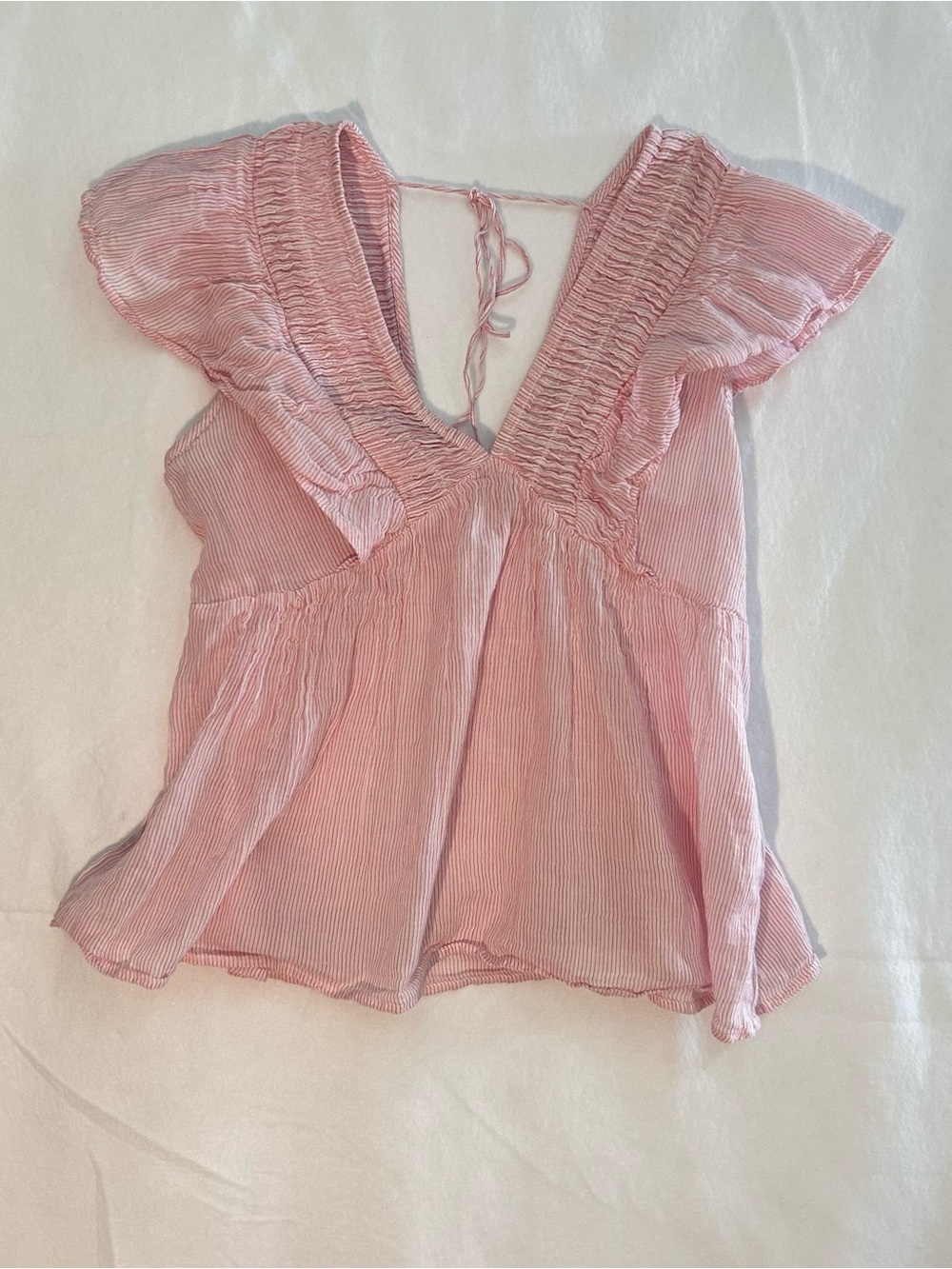 Lucky Brand Stripe Phoebe Top Pink White Boho Smocked Back Tie Blouse size Med